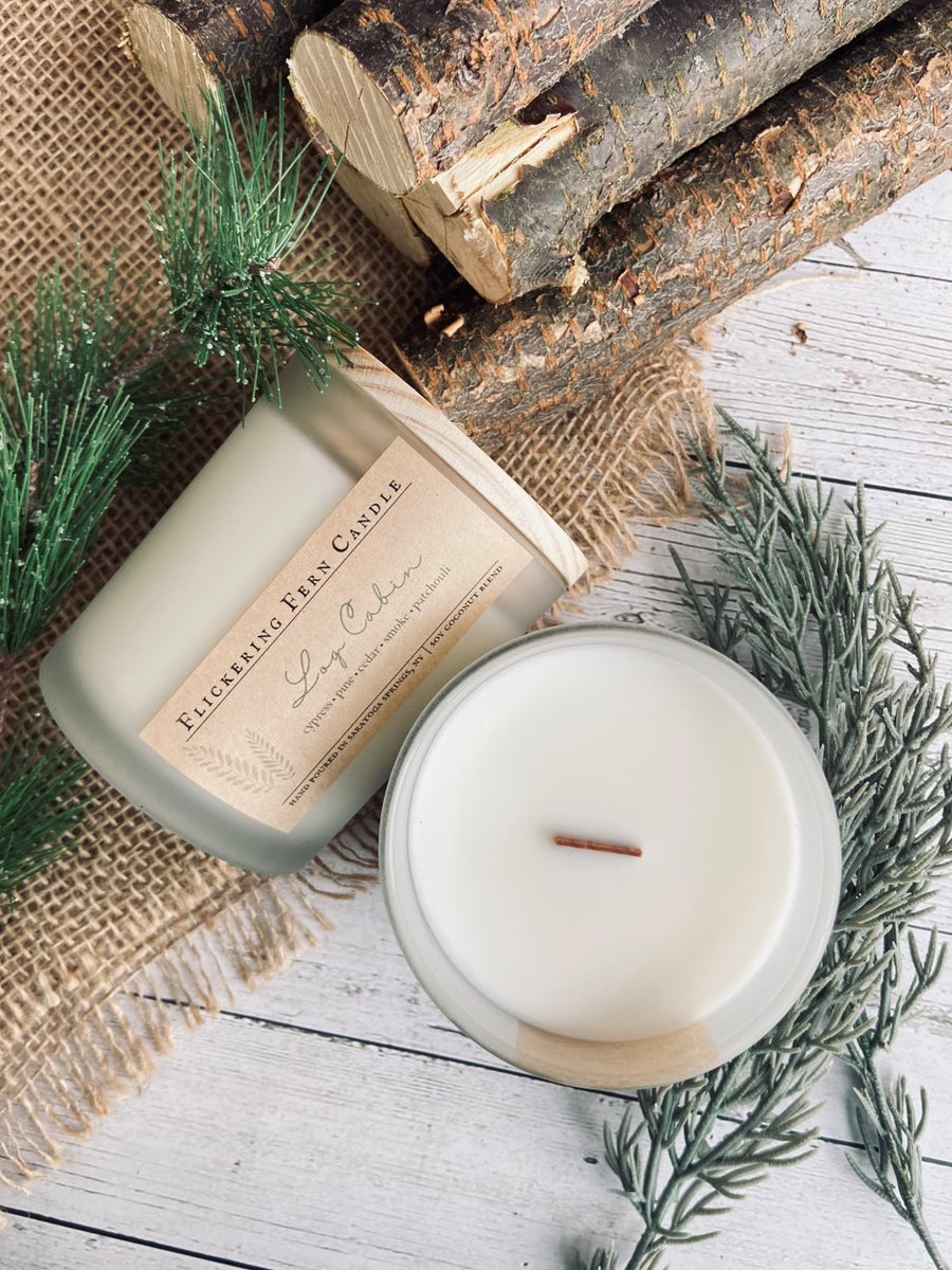 Log Cabin Wood Wick Candle Flickering Fern Candle